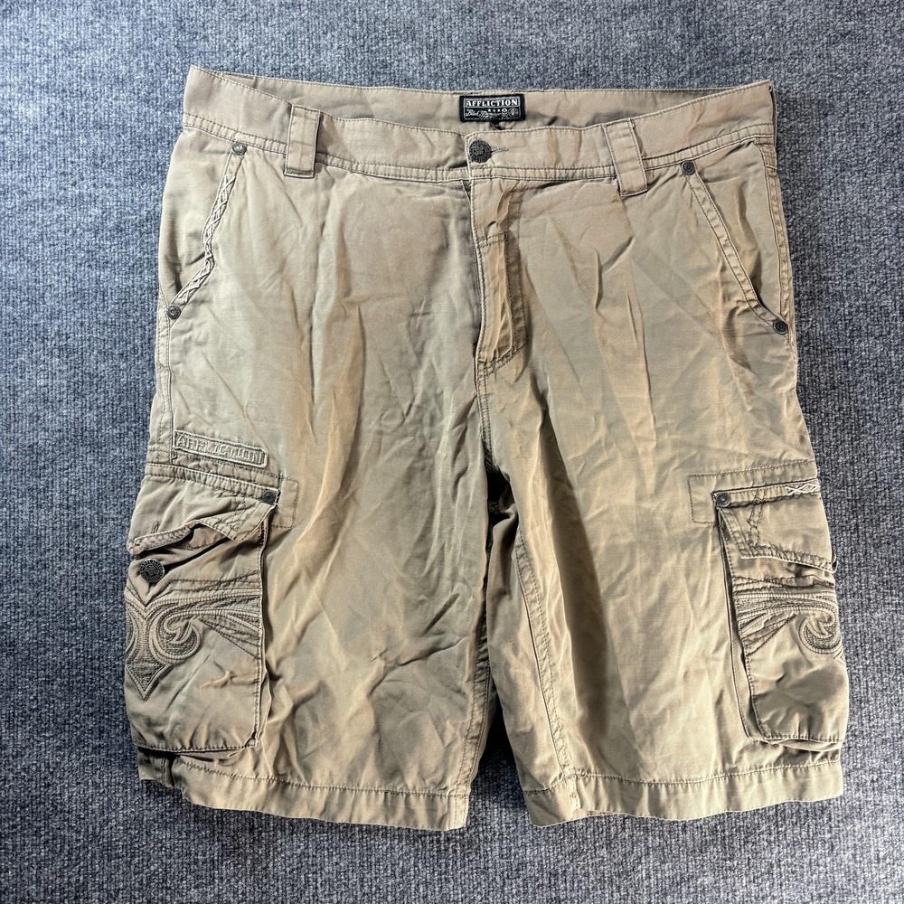 Affliction Cargo Shorts Mens 38 Beige Embroidered Pockets Biker Casual Summer